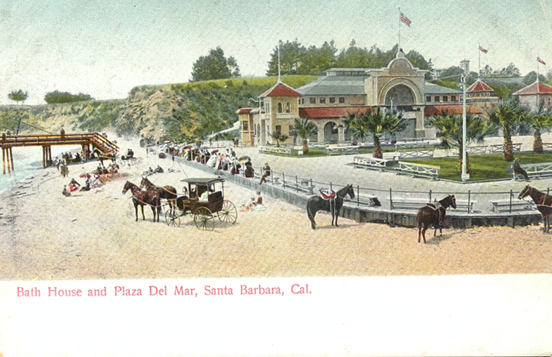 The narrow beach shows in this 1915 photo looking from toward the Mesa. The long gone Electric Company Pleasure Pier is seen in front of the Public Bath House. The only remains are the entry that became the bandstand in Pershing Park. In1915 sea wall fifteen feet tall was constructed along West Beach. Now only 3 feet are visible above gound.