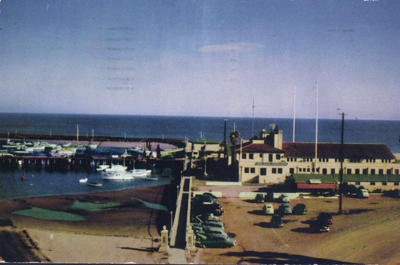 The 1940’s saw construction of the Naval Center, the big building in the foreground. Land build up allowed Cabrillo Blvd. to be connected to Shoreline Drive in the 1960’s and for the SBCC football field/track to expand to their full size we see today.