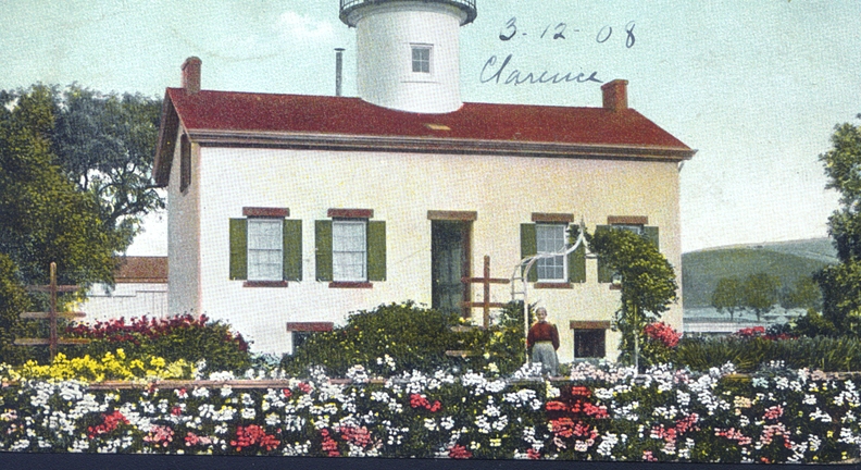 1908 photo shows Mrs. Williams the keeper for nearly 40 years with her flower garden. In the slower paced 1880’s this was a famous picnic spot for day excursions. The tower fell in the 1925 quake.