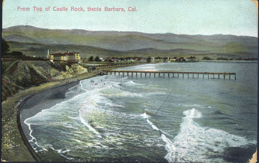 1915 view from the Mesa approximately where Shoreline Park is today showing the Pleasure Pier and the Potter Hotel with the Riviera in the background.