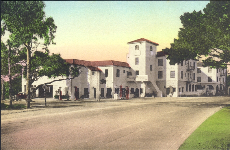 Montecito Inn and Coast Village Road. Note the long defunct corner gas pumps originally part of the hotel.
