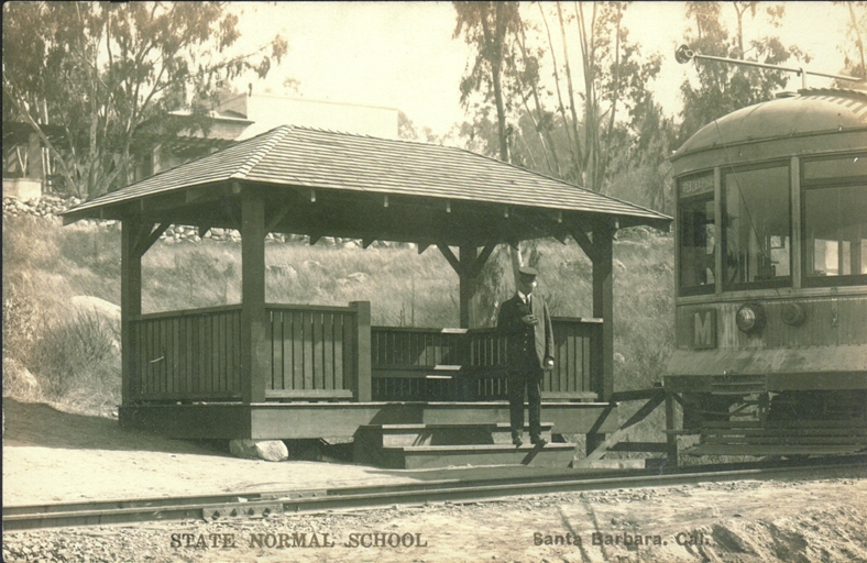 1911 electric trolleys extended to the new State Normal School, the forerunner of UCSB. Trolleys gave way to busses and the tracks were torn out in 1930. The trolley stop in the photo is undergoing restoration at this writing in 2001.