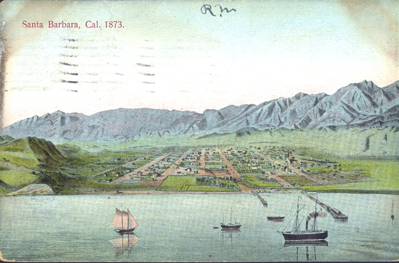 This 1873 drawing shows the completion of the second pier (Stearn’s Wharf). The Chapala Street pier didn’t extend into deep enough water to accommodate passenger ships and the longer pier allowed ship passengers to visit without having to ride small boats to the beach through the surf. With ease of travel to Santa Barbara assured, “discovery” by the outside world was sealed. Note the lack of trees and narrow beach.